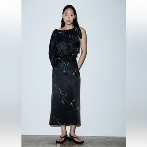 Zara satin printed midi skirt & shirt set NWT